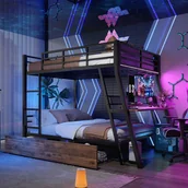 Łóżka dla dzieci i młodzieży - Łóżko na antresoli 140x200 cm - z oświetleniem LED - z 2 szufladami - z poręczą + schodami - z biurkiem - czarne (materac nie wchodzi w skład zestawu) - miniaturka - grafika 1
