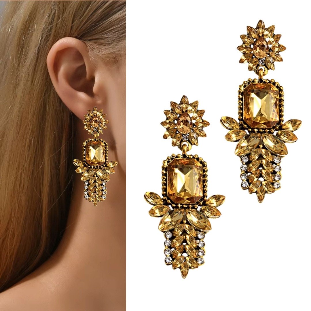 Złote kolczyki SZTYFTY champagne orientalne wizytowe efektowne damskie