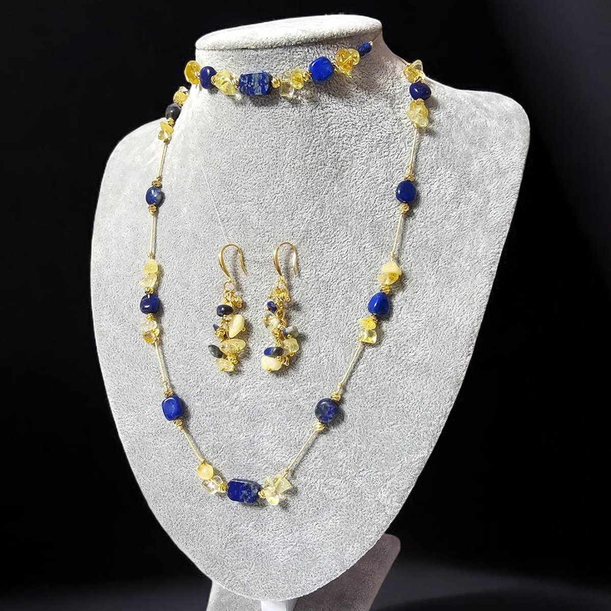 Blask Komplet biżuterii 3 elementy naszyjnik bransoletka kolczyki Lapis lazuli z cytrynem