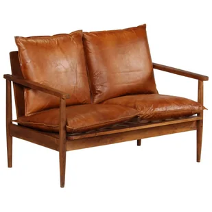 vidaXL 2-osobowa sofa z prawdziwej skóry i drewna akacjowego, brązowa - Sofy i kanapy - miniaturka - grafika 1