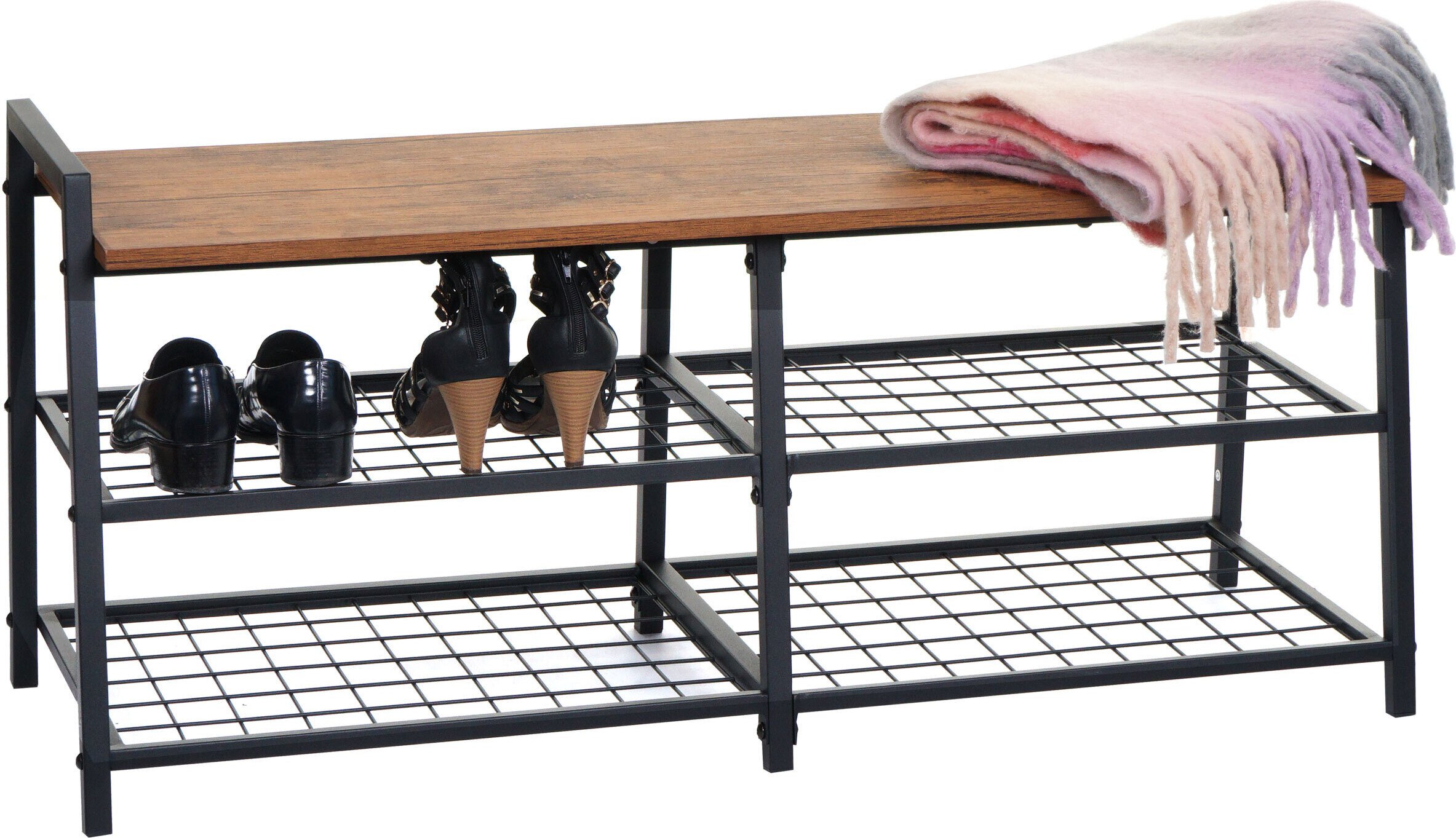 Regał na buty HWC-A27, szafka na buty, ławka na buty, 4 przedziały, metalowa konstrukcja 3D 40x107x38cm, wygląd dąb dziki
