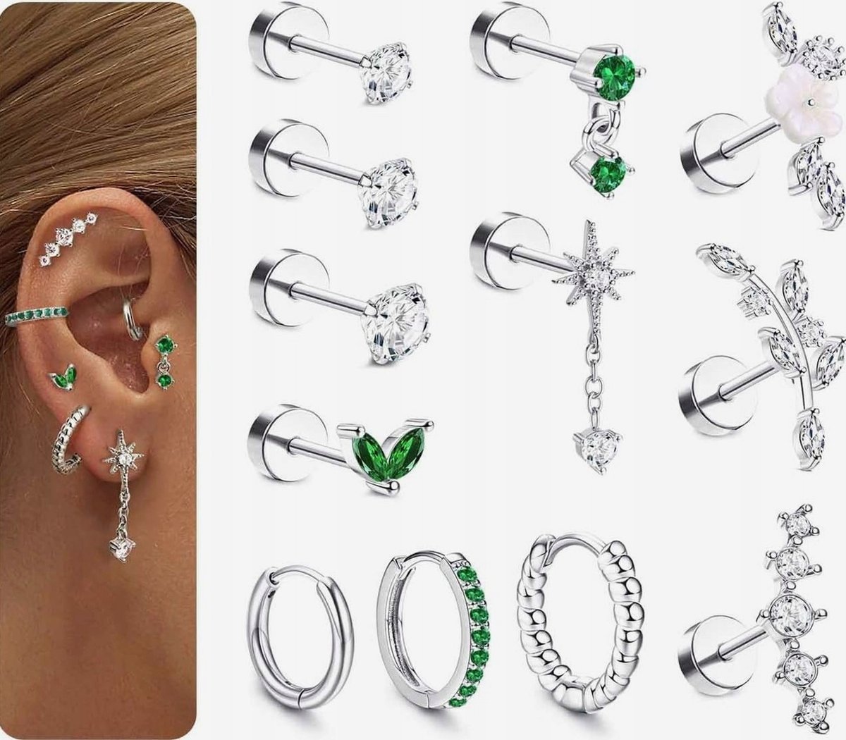 KOLCZYKI 12 SZTUK STAL CHIRURGICZNA BIŻUTERIA ZESTAW HELIX TRAGUS PŁASKIE