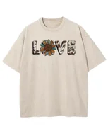 Koszulki i topy damskie - Damska koszulka oversize efekt sprania Miłość Love Kwiaty Beżowa 3XL - miniaturka - grafika 1