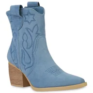 Botki damskie - VAN HILL damskie botki do kostki kowbojki buty lejek pięta haftowane buty 837779, Kolor: jasnoniebieski welur, Rozmiar: 37 - miniaturka - grafika 1