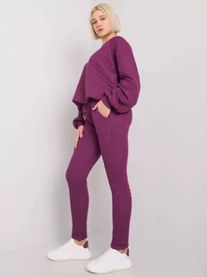 Komplet dresowy ciemny fioletowy casual bluza i spodnie dekolt okrągły rękaw długi nogawka prosta długość długa pikowanie troczki bufiasty - Komplety damskie - miniaturka - grafika 2