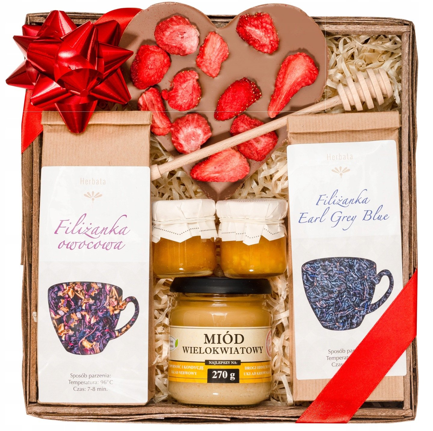 Kosz Zestaw Prezentowy Herbata Miód Czekolada Serce Konfitura