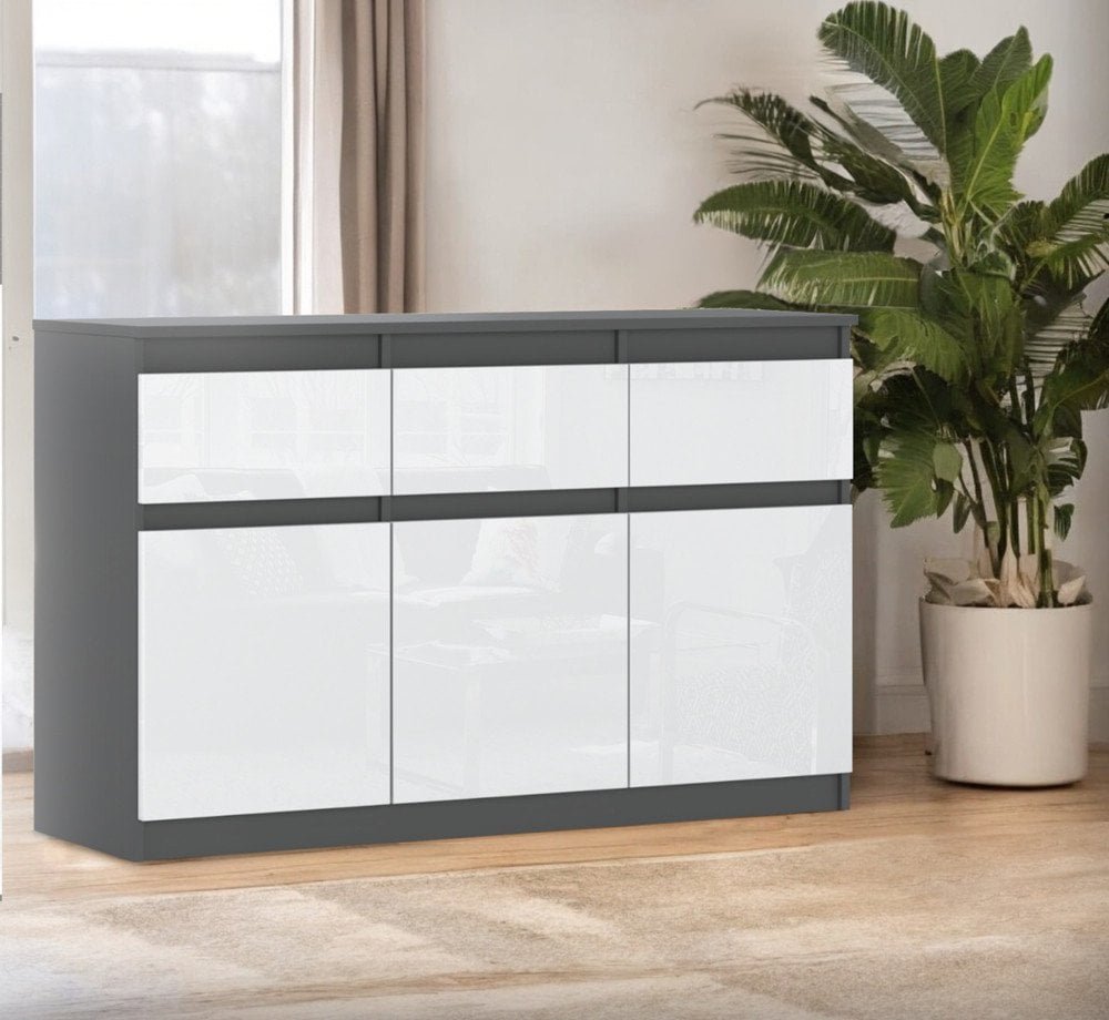 Komoda Do Salonu 3 Szuflady 120cm Pojemna Szafka Rtv Szara Biały Połysk