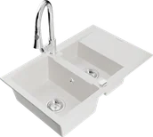 Zlewozmywaki z baterią - Mexen Gaspar zlewozmywak granitowy 1,5-komorowy z ociekaczem i baterią kuchenną Elia, biały - 6507-20-670101-00 - miniaturka - grafika 1