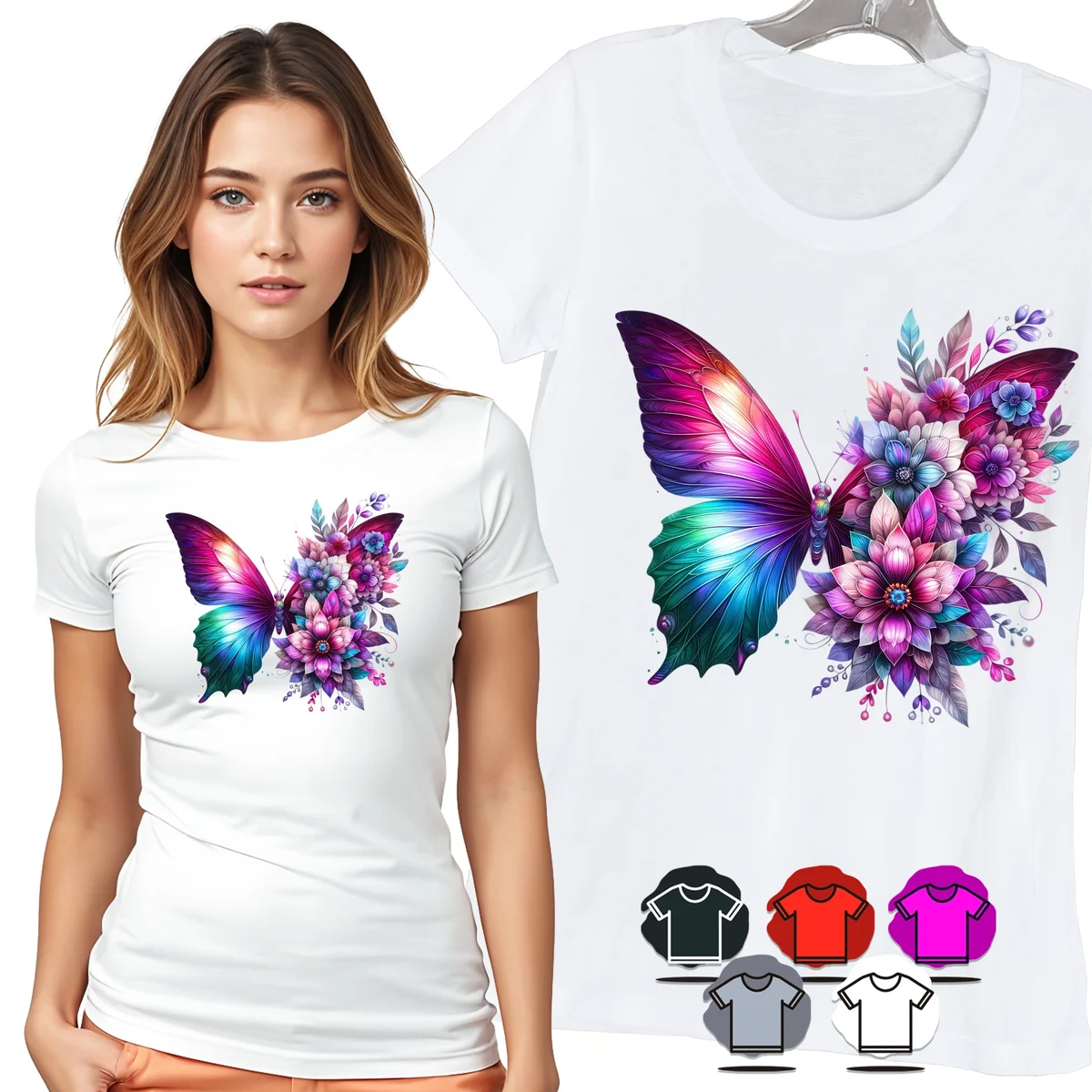 KOSZULKA DAMSKA T-SHIRT - MOTYL TĘCZOWY BUKIET KWIATÓW WZÓR DLA NIEJ - XL