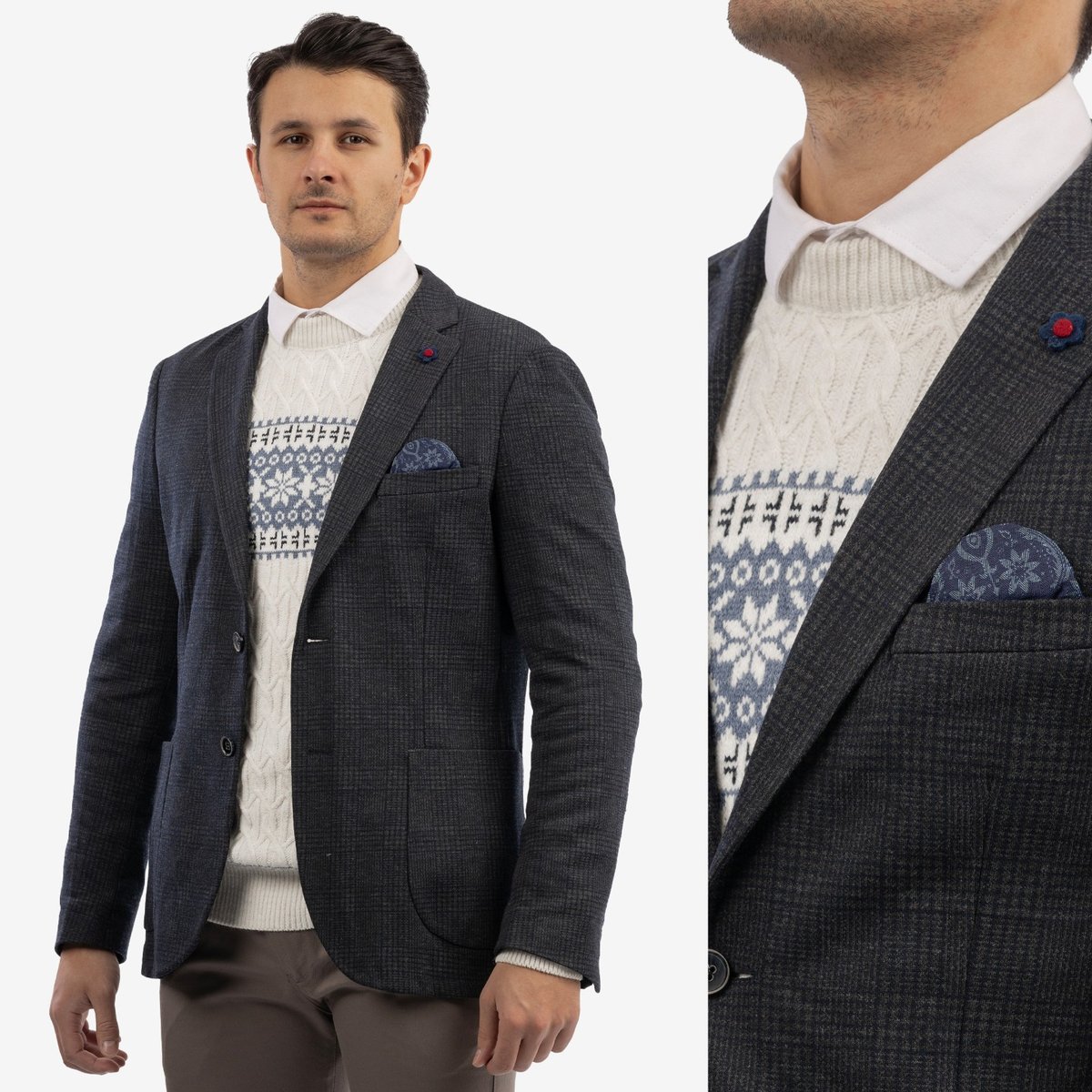 Marynarka Męska Granatowa Elegancka w Kratę PIRONE 3837 Granatowy 48