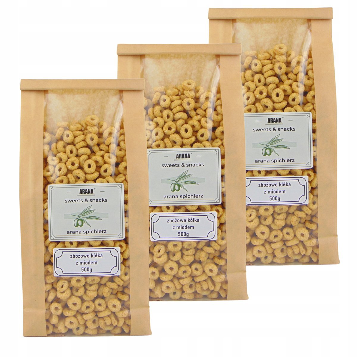 PŁATKI ŚNIADANIOWE 500g miodowe kółeczka zbożowe x3