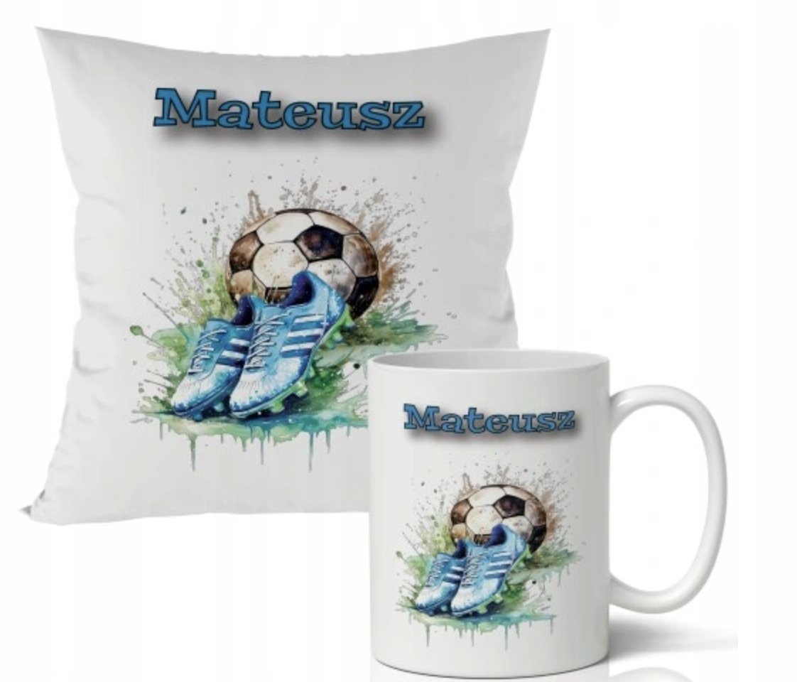 ZESTAW PODUSZKA + KUBEK Prezent PIŁKA NOŻNA BOISKO KORKI + IMIĘ 8