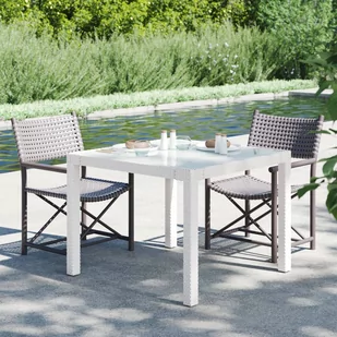 vidaXL Stół ogrodowy 90x90x75 cm szkło i rattan PE biały 316702 - Stoły ogrodowe - miniaturka - grafika 1