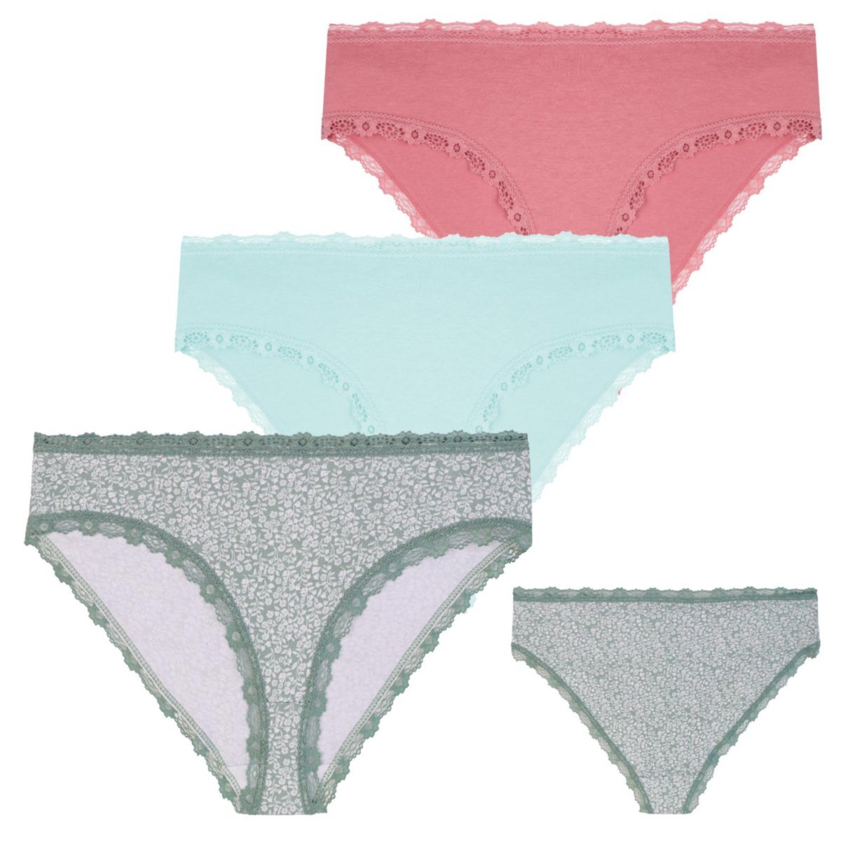 Majtki damskie figi bawełniane kwiatowy wzór z koronką 3-pak M