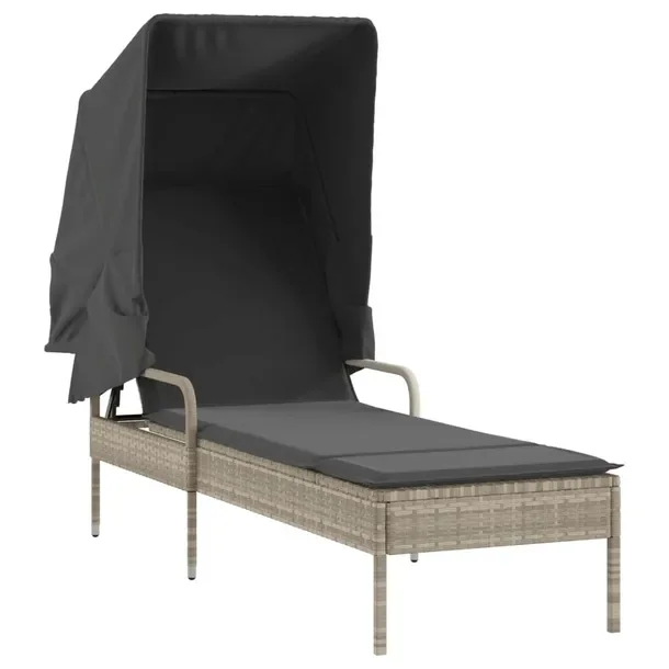 Leżak ogrodowy z zadaszeniem, rattan PE, jasnoszary, 62x200x130cm