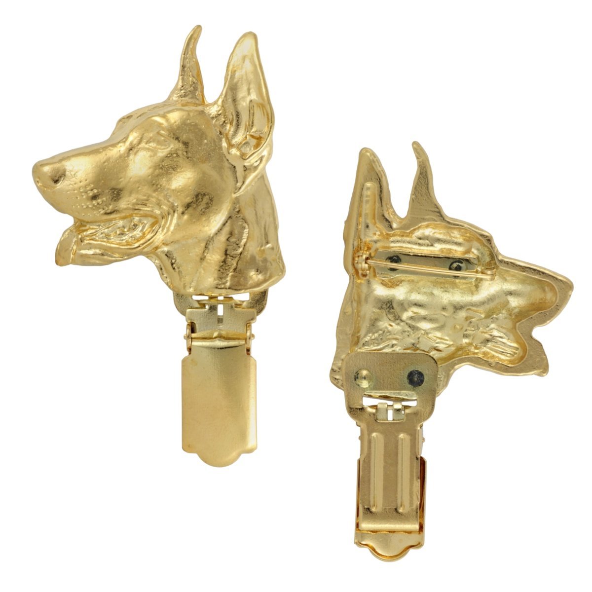 Doberman, Dobermann - broszka z klipsem, pozłacany uchwyt na numer startowy, prezent na wystawę psów marki Art-Dog