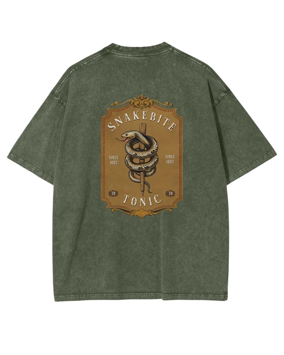 Męska koszulka oversize efekt sprania Tonik Wąż Zwierzęta Khaki L