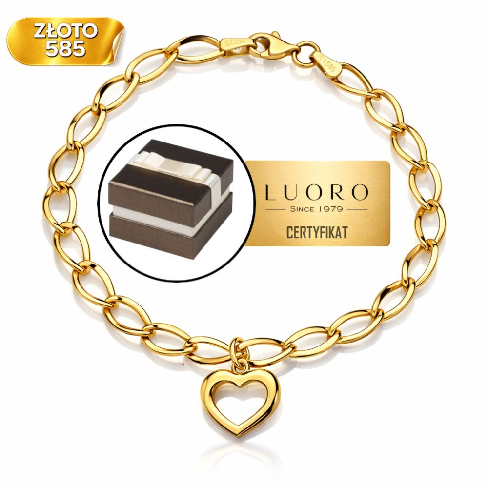 BRANSOLETKA ZŁOTA 585 14K DŁUGIE OGNIWA KONTUR SERCA 18 CM ELEGANCKA
