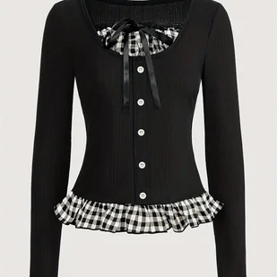 TEMU Kobieca Elegancka Koszulka w Kratę z Długim Rękawem - Elastyczna Bluzka z Okrągłym Dekoltem i Falbankami na Mankietach, Czarno-Biała Siatka, - Bluzki damskie - miniaturka - grafika 1
