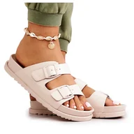 Klapki i japonki damskie - S.Barski Gumowe Klapki Ze Sprzączką Beżowe Corina beżowy - miniaturka - grafika 1