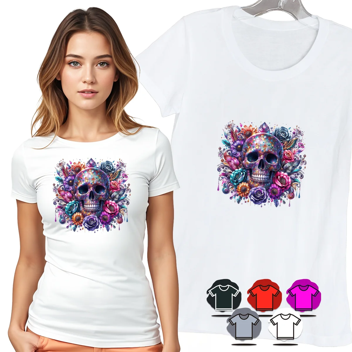 KOSZULKA DAMSKA T-SHIRT - CZASZKA KOLOROWE RÓŻE KWIATOWY WZÓR DAMSKI - S