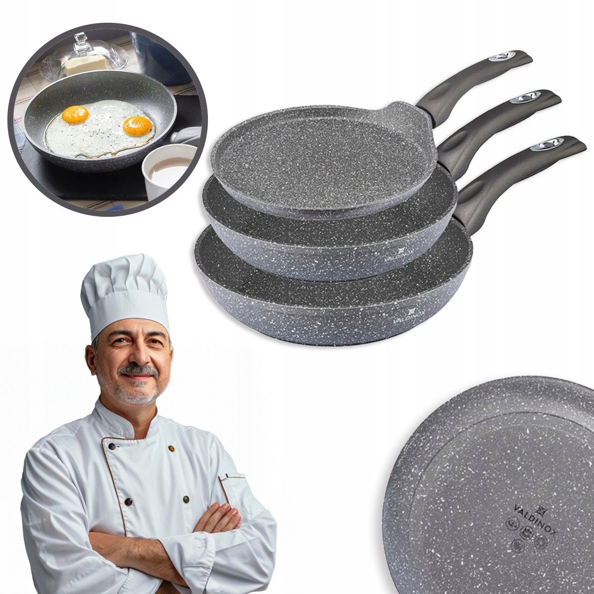 Zestaw patelni na indukcję gaz patelnia marmurkowa Valdinox Rock 24/26/28cm