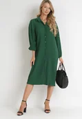 Sukienki - Ciemnozielona Koszulowa Sukienka Midi z Plisowanej Tkaniny z Guzikami Safira - miniaturka - grafika 1