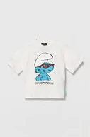 Koszulki dla chłopców - Emporio Armani t-shirt bawełniany dziecięcy The Smurfs kolor biały z nadrukiem - miniaturka - grafika 1
