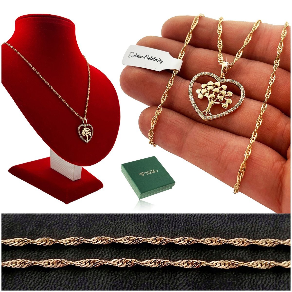 Złoty Naszyjnik Ze Stali Chirurgicznej Serce + Drzrwko + Cyrkonie 18K 60 Cm