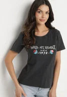 Koszulki i topy damskie - Czarny Bawełniany T-shirt z Metalicznym Nadrukiem Savariae - miniaturka - grafika 1