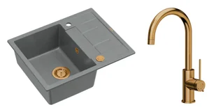 Quadron Unique Zlewozmywak granitowy jednokomorowy 62*50*22 cm z ociekaczem MORGAN 116 SILVER STONE z syfonem Push-2-Open w kolorze miedzianym z baterią JODIE Q LINE SLIM kolor miedziany - Zlewozmywaki z baterią - miniaturka - grafika 1