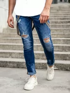 Spodnie męskie - Granatowe spodnie jeansowe męskie slim fit z szelkami Denley KS2056 - miniaturka - grafika 1