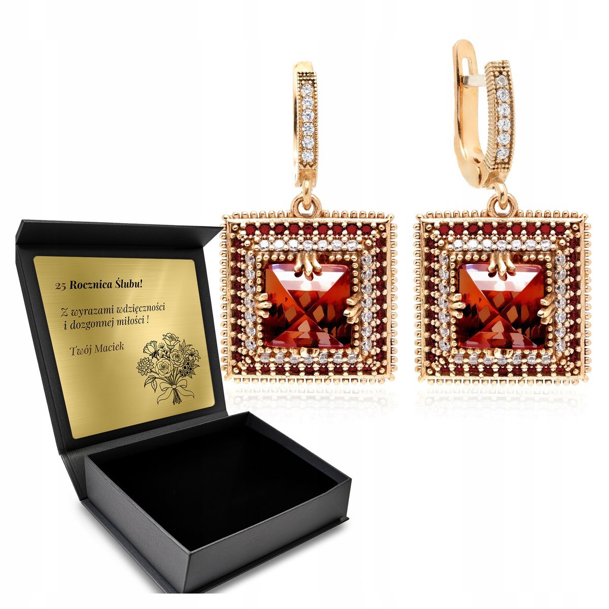 Kolczyki Srebrne 925 Cyrkonie Granat Biżuteria Dla Kobiety + Grawer