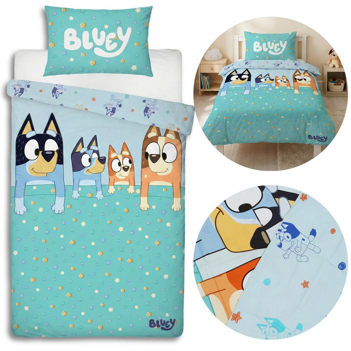 BLUEY DWUSTRONNA pościel dziecięca na zamek, KOMPLET pościeli 100% BAWEŁNA 135x200cm+74x48cm OEKO-TEX