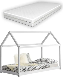 Łóżko dziecięce z materacem ortopedycznym 80x160 cm dom łóżko drewniane dom design drewno sosnowe białe z materacem z zimnej pianki Oeko-Tex Standard 100 [en.casa] - Łóżka dla dzieci i młodzieży - miniaturka - grafika 1