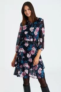 Krótka, czarna sukienka z falbanami, nadruk w kwiaty - Greenpoint - Sukienki - miniaturka - grafika 1