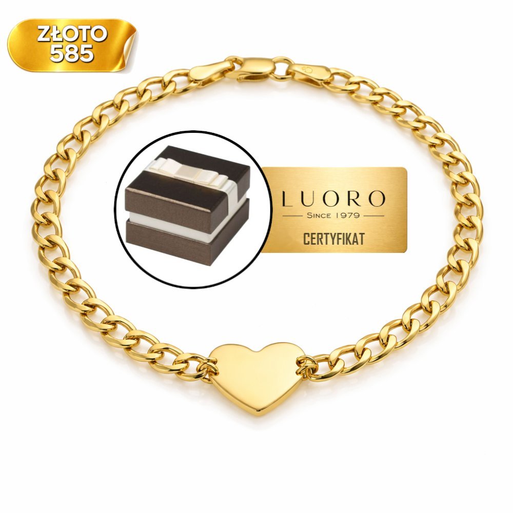 BRANSOLETKA ZŁOTA 585 14K SERCE PŁASKIE SPLOT PANCERKA 19 CM ELEGANCKA
