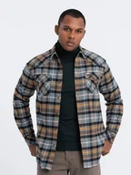 Koszule męskie - Męska flanelowa koszula w kratę z kieszeniami - szaro-żółta V1 OM-SHCS-0149 - Ombre Clothing - miniaturka - grafika 1