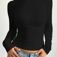 Bluzki damskie - TEMU Koszulka damska Y2K jednokolorowa, krótka z długim rękawem - okrągły dekolt, casual na wiosnę/jesień, pranie maszynowe, codzienna stylizacja, - miniaturka - grafika 1