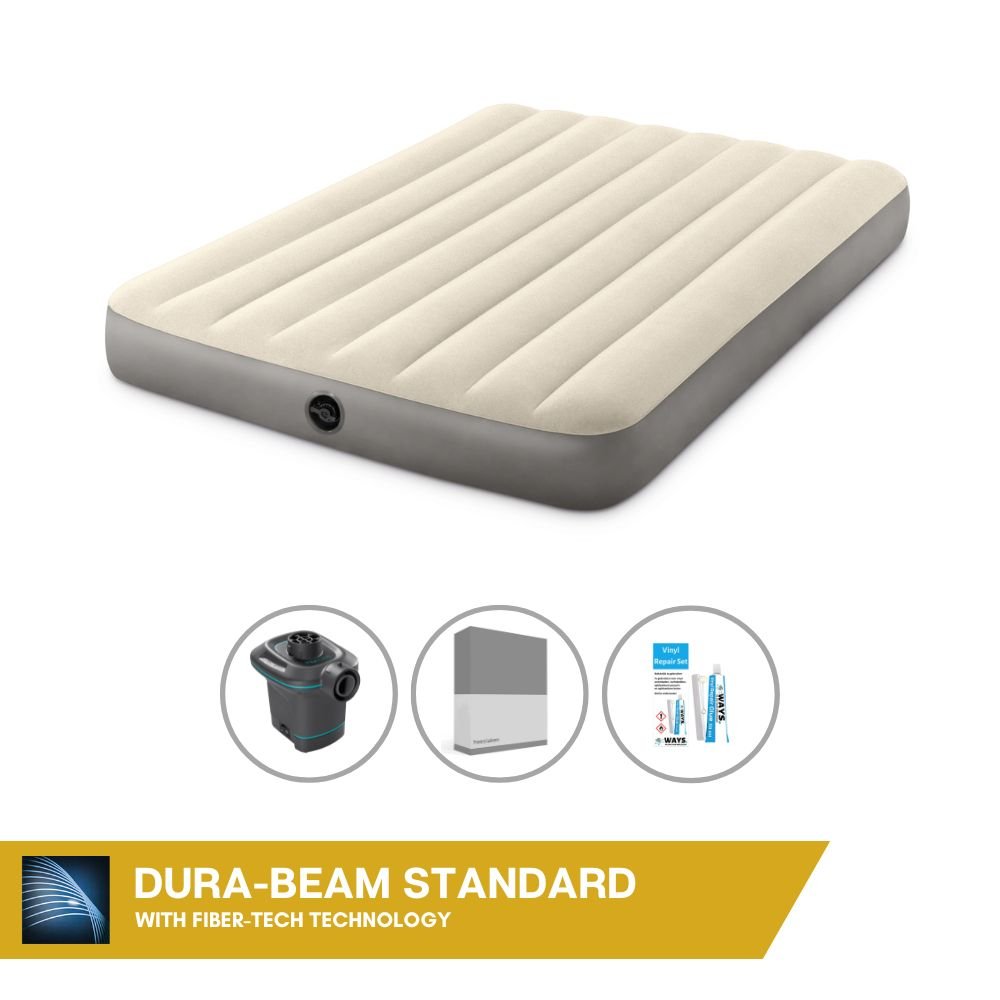 Dmuchane łóżko Intex - 2 osoby - 137 x 191 x 25 cm - beżowe + elektryczna pompka Intex - 650 litrów/min + prześcieradło antracytowe + zestaw naprawczy