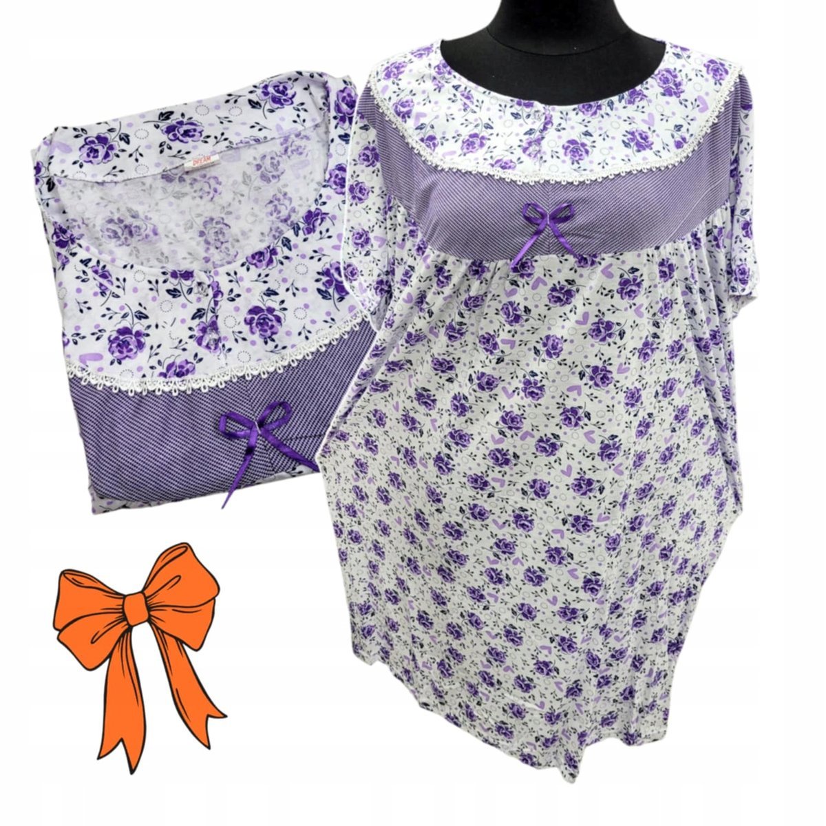 KOSZULA NOCNA BAWEŁNA RÓŻA KWIAT prezent krótki rękaw fiolet 50 52 5XL 6XL