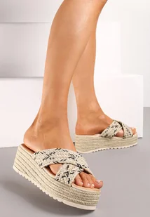 Beżowo-Czarne Klapki na Koturnie i Platformie Ozdobione Plecionką z Juty Vitrima - Klapki i japonki damskie - miniaturka - grafika 1