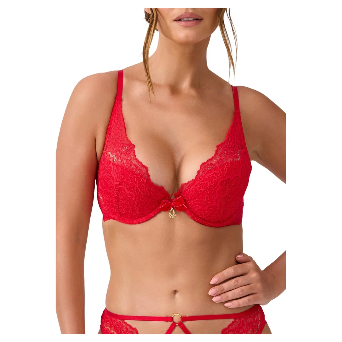 Biustonosz koronkowy push-up plunge Justine czerwony 70C Marilyn