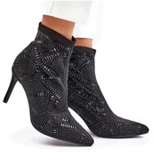 Botki damskie - S. BARSKI Wsuwane Zdobione Botki Na Szpilce S.Barski HY42-161 Czarne - miniaturka - grafika 1