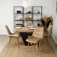 Stoły z krzesłami - Zestaw Stół Prostokątny Rozkładany CLARK 120-160 cm Dąb Artisan/Czarny i 4 Krzesła Tapicerowane do Salonu RODRI Beżowe Welurowe - miniaturka - grafika 1