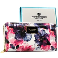 Portfele - Duży elegancki portfel damski typu piórnik ze skóry naturalnej i ekologicznej PETERSON kolorowy kwiatowy wzór rozbudowany na karty pudełko prezentow.. - miniaturka - grafika 1