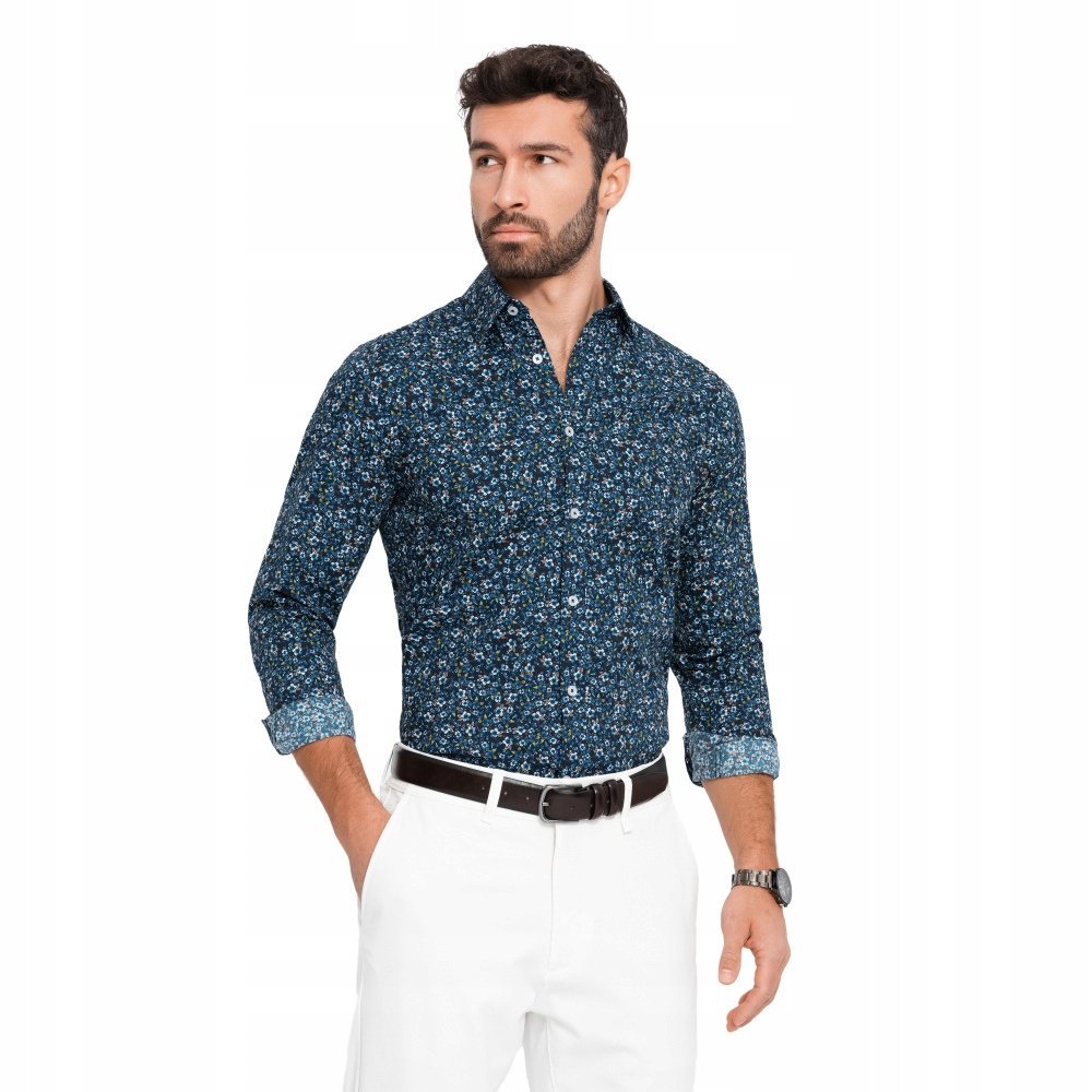 Męska koszula bawełniana we wzory SLIM FIT c.niebieska V1 OM-SHCS-0151 L
