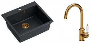 Quadron Zlewozmywak granitowy jednokomorowy 57*50*22 cm MORGAN 110 BLACK DIAMOND z miedzianym odpływem z baterią RACHEL Q LINE kolor miedziany - Zlewozmywaki z baterią - miniaturka - grafika 1
