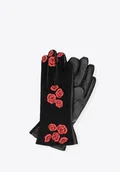 Rękawiczki - Damskie rękawiczki ocieplane z haftowanymi kwiatami czarno - czerwone - miniaturka - grafika 1