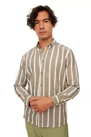 Koszule męskie - Trendyol Męska koszula z długim rękawem Khaki Slim Fit Button Collar Striped Long Sleeve Shirt, L - miniaturka - grafika 1